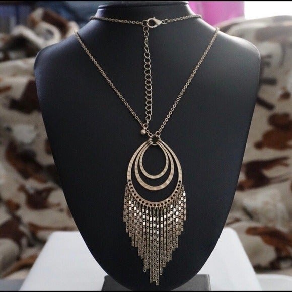 Stamped Layered Teardrop Pendant Necklace with Dangle Chains - Picture 1 of 7